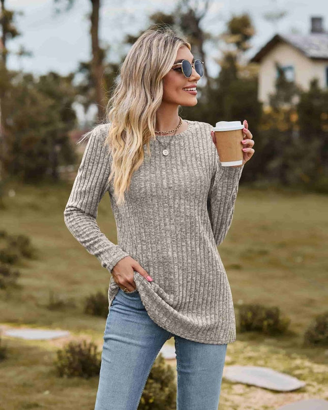 Ribbed Round Neck Long Sleeve Tee - Trendsi