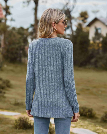 Ribbed Round Neck Long Sleeve Tee - Trendsi