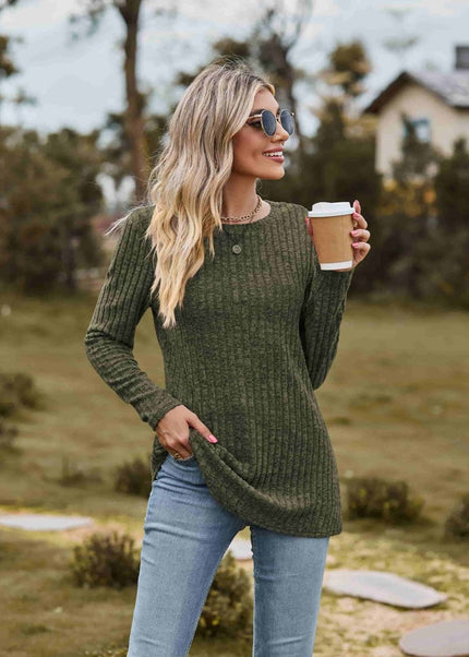 Ribbed Round Neck Long Sleeve Tee - Trendsi