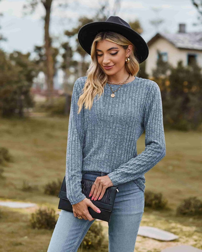 Ribbed Round Neck Long Sleeve Tee - Trendsi