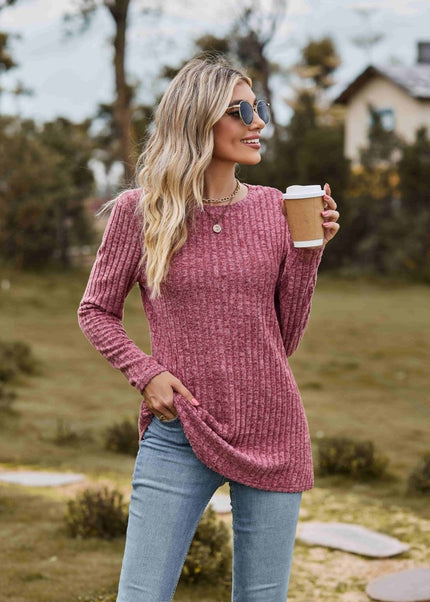Ribbed Round Neck Long Sleeve Tee - Trendsi