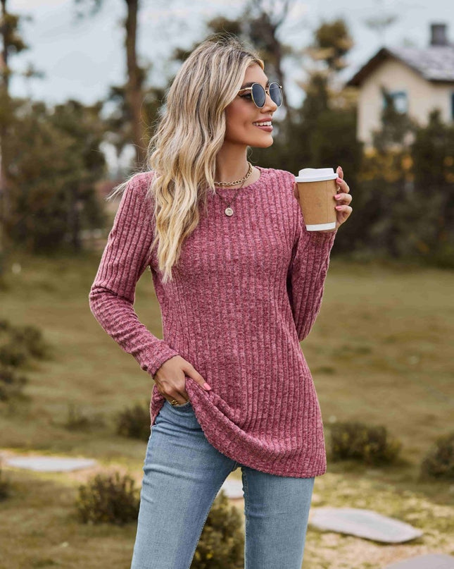 Ribbed Round Neck Long Sleeve Tee - Trendsi
