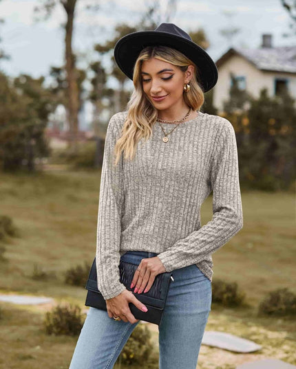 Ribbed Round Neck Long Sleeve Tee - Trendsi