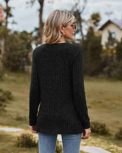 Ribbed Round Neck Long Sleeve Tee - Trendsi