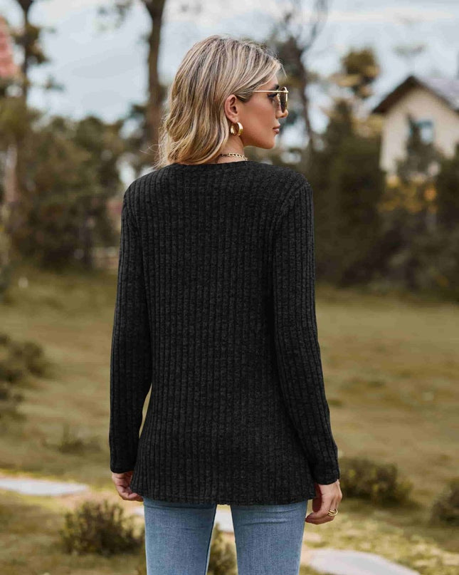 Ribbed Round Neck Long Sleeve Tee - Trendsi