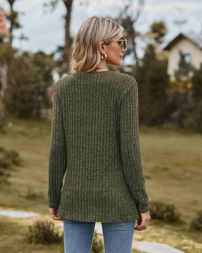 Ribbed Round Neck Long Sleeve Tee - Trendsi