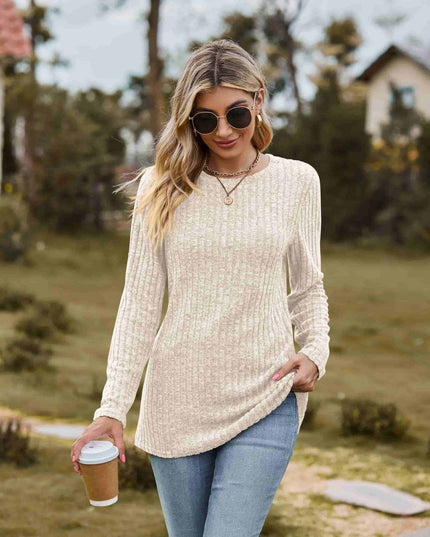 Ribbed Round Neck Long Sleeve Tee - Trendsi