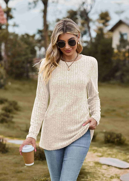 Ribbed Round Neck Long Sleeve Tee - Trendsi