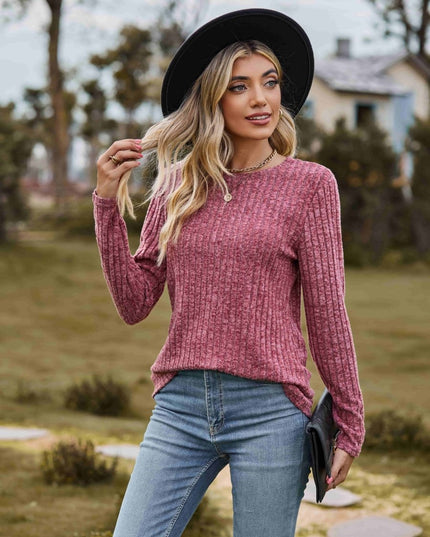 Ribbed Round Neck Long Sleeve Tee - Trendsi