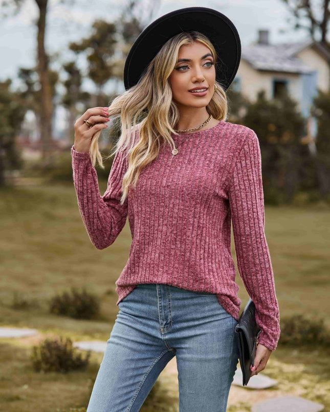 Ribbed Round Neck Long Sleeve Tee - Trendsi