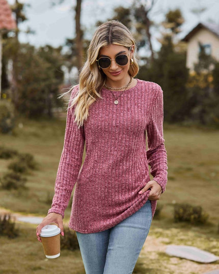 Ribbed Round Neck Long Sleeve Tee - Trendsi