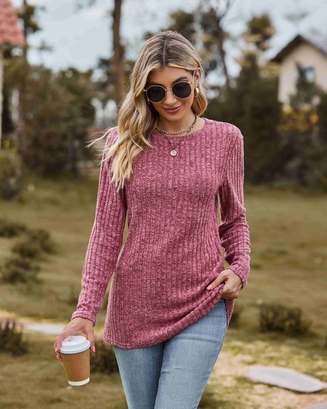 Ribbed Round Neck Long Sleeve Tee - Trendsi