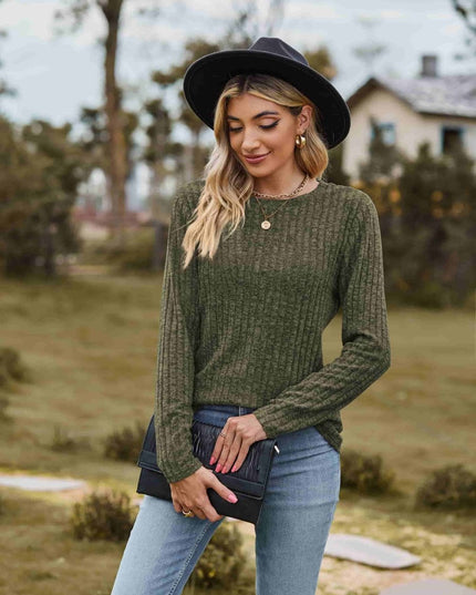 Ribbed Round Neck Long Sleeve Tee - Trendsi