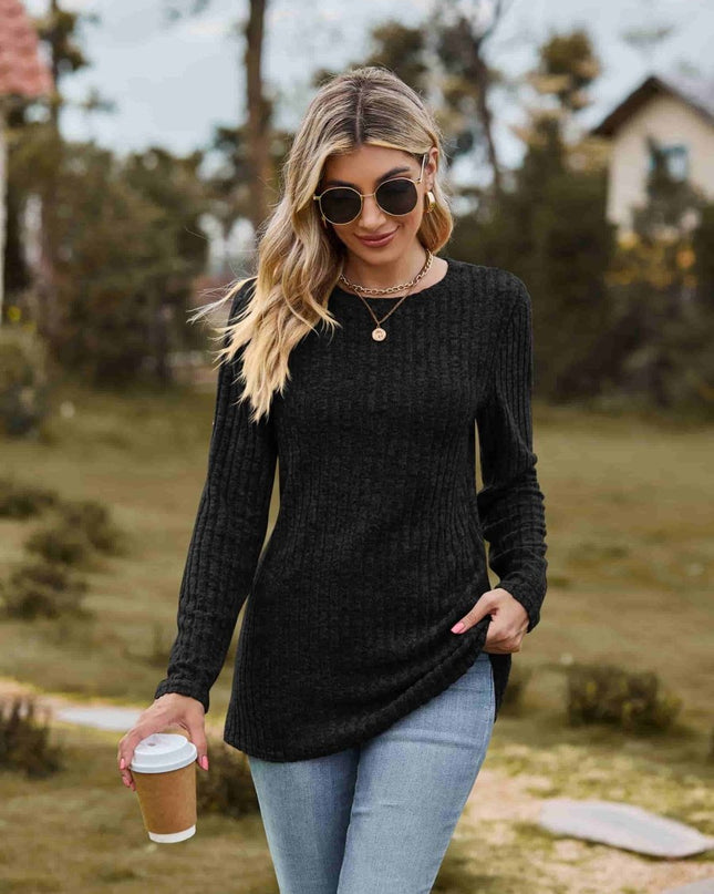 Ribbed Round Neck Long Sleeve Tee - Trendsi