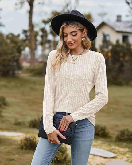 Ribbed Round Neck Long Sleeve Tee - Trendsi