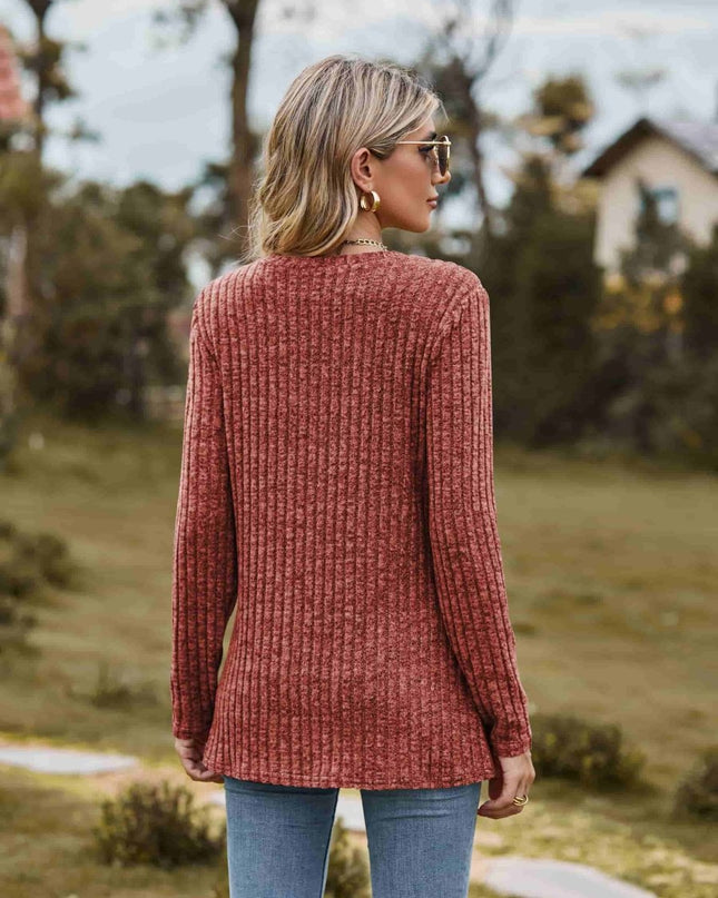 Ribbed Round Neck Long Sleeve Tee - Trendsi