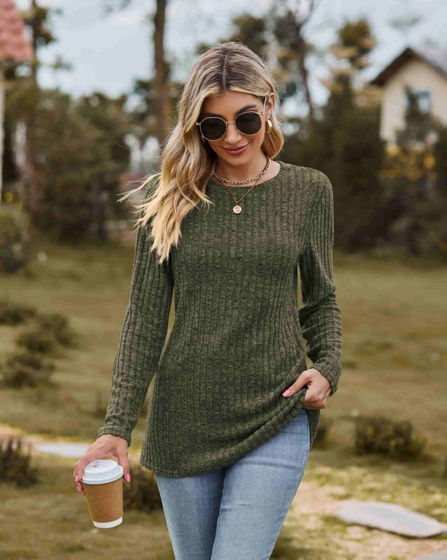 Ribbed Round Neck Long Sleeve Tee - Trendsi