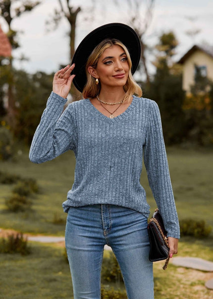 Ribbed V - Neck Long Sleeve Tee - Trendsi