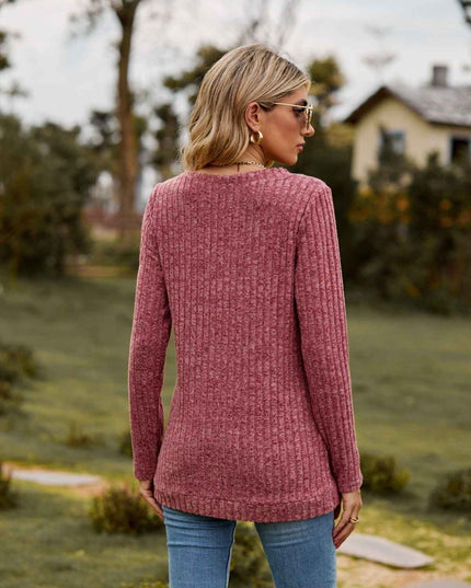 Ribbed V - Neck Long Sleeve Tee - Trendsi