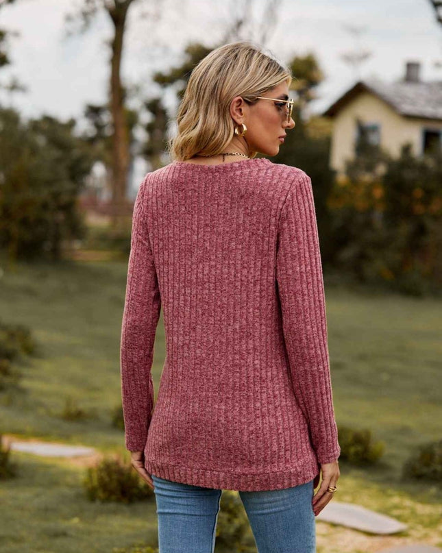 Ribbed V - Neck Long Sleeve Tee - Trendsi