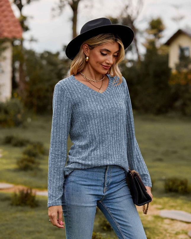 Ribbed V - Neck Long Sleeve Tee - Trendsi