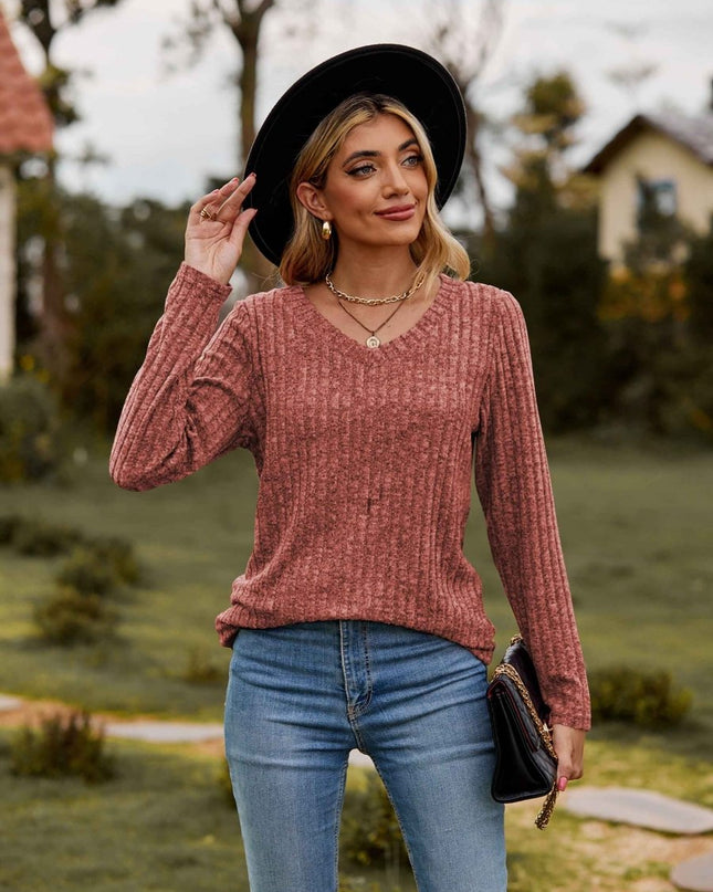 Ribbed V - Neck Long Sleeve Tee - Trendsi