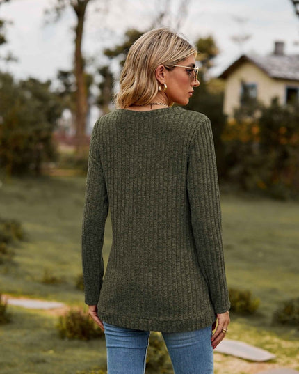 Ribbed V - Neck Long Sleeve Tee - Trendsi