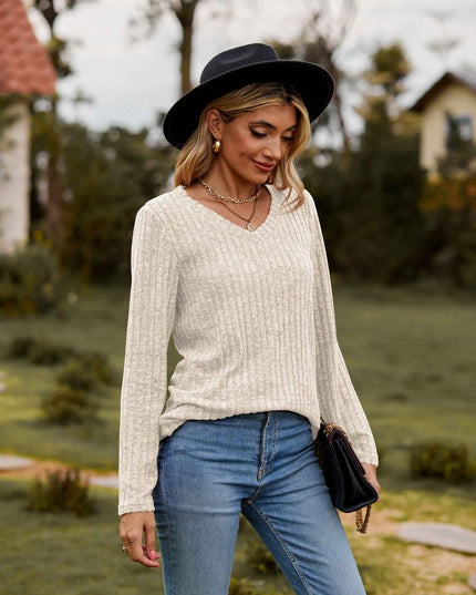 Ribbed V - Neck Long Sleeve Tee - Trendsi