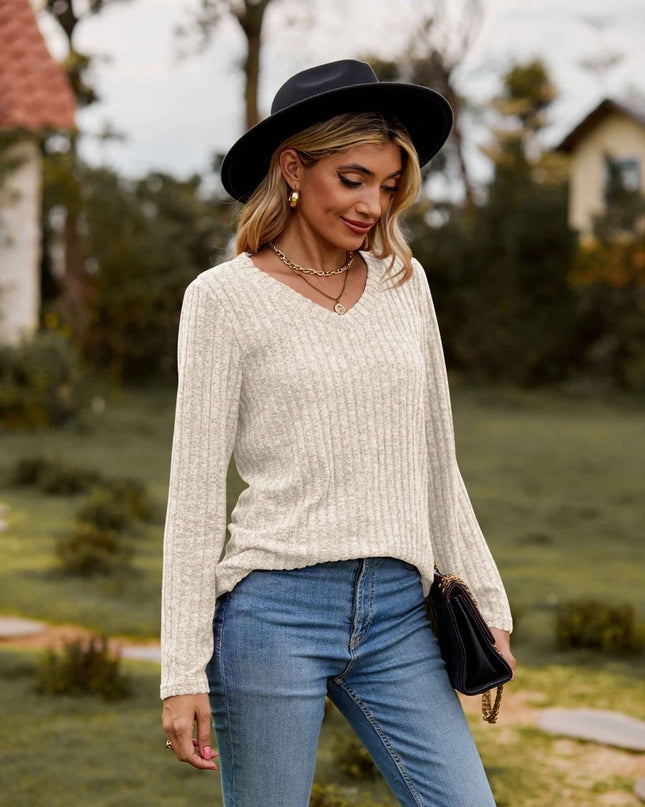 Ribbed V - Neck Long Sleeve Tee - Trendsi