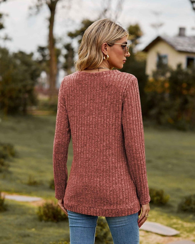 Ribbed V - Neck Long Sleeve Tee - Trendsi