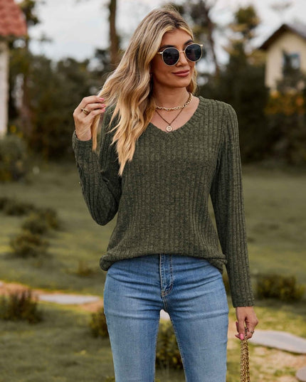 Ribbed V - Neck Long Sleeve Tee - Trendsi