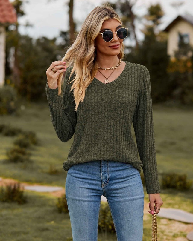 Ribbed V - Neck Long Sleeve Tee - Trendsi