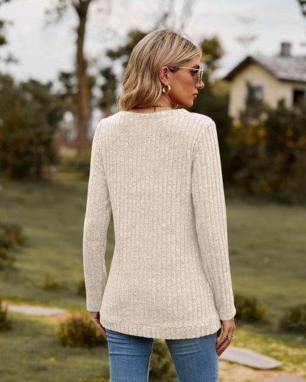 Ribbed V - Neck Long Sleeve Tee - Trendsi