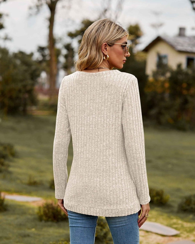 Ribbed V - Neck Long Sleeve Tee - Trendsi