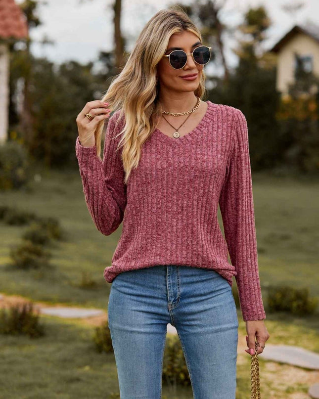 Ribbed V - Neck Long Sleeve Tee - Trendsi