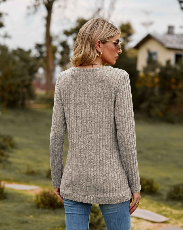 Ribbed V - Neck Long Sleeve Tee - Trendsi