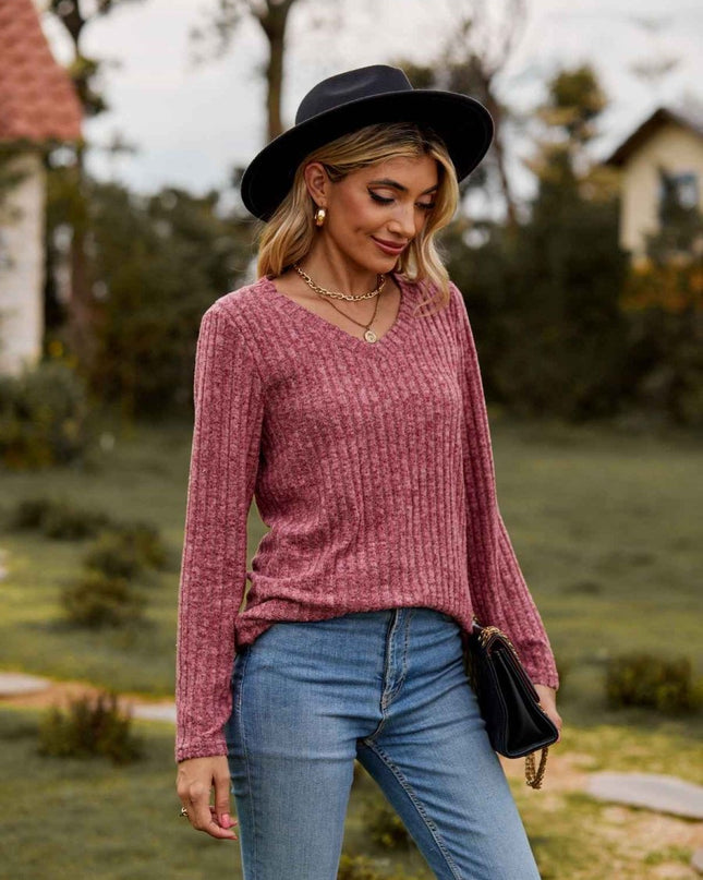 Ribbed V - Neck Long Sleeve Tee - Trendsi