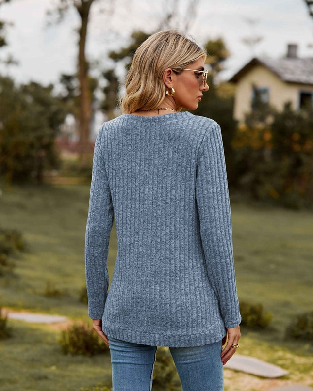 Ribbed V - Neck Long Sleeve Tee - Trendsi