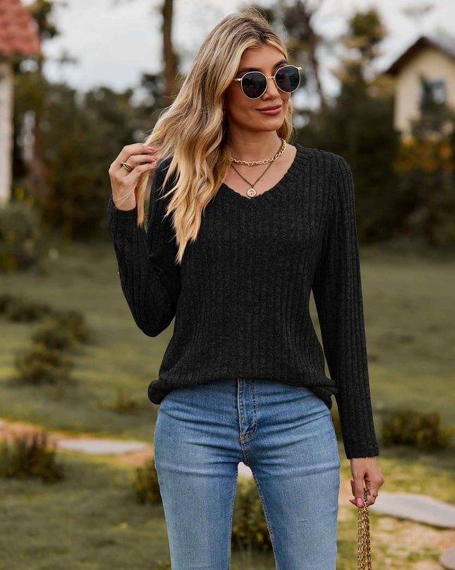 Ribbed V - Neck Long Sleeve Tee - Trendsi