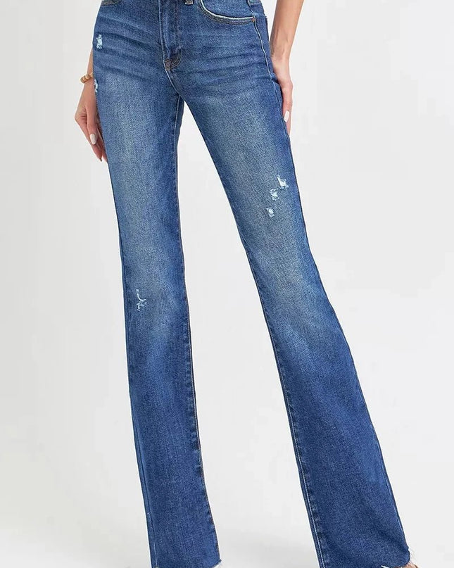 RISEN Full Size Distressed Mid Rise Flare Jeans Plus Size - Trendsi