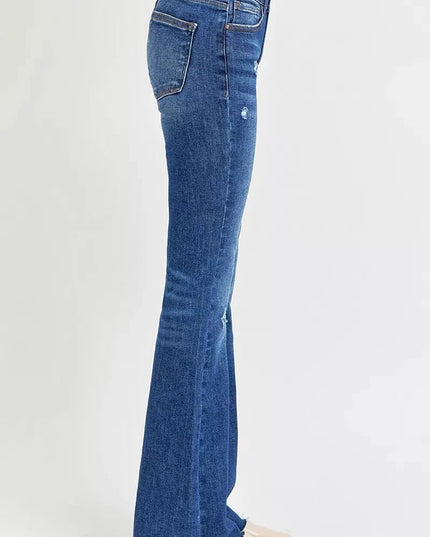RISEN Full Size Distressed Mid Rise Flare Jeans Plus Size - Trendsi