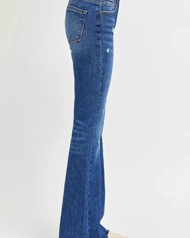 RISEN Full Size Distressed Mid Rise Flare Jeans Plus Size - Trendsi
