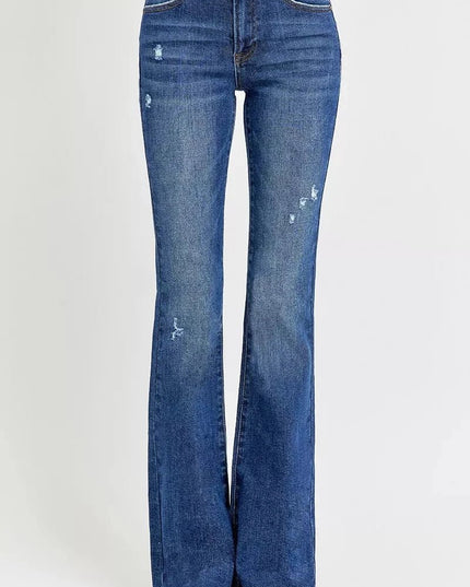 RISEN Full Size Distressed Mid Rise Flare Jeans Plus Size - Trendsi