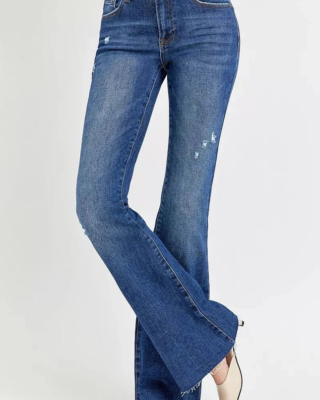 RISEN Full Size Distressed Mid Rise Flare Jeans Plus Size - Trendsi