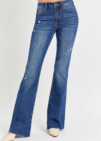 RISEN Full Size Distressed Mid Rise Flare Jeans Plus Size - Trendsi