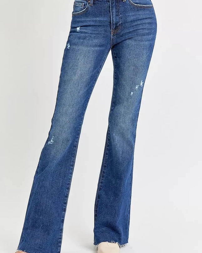 RISEN Full Size Distressed Mid Rise Flare Jeans Plus Size - Trendsi