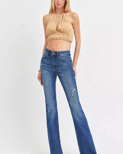 RISEN Full Size Distressed Mid Rise Flare Jeans Plus Size - Trendsi