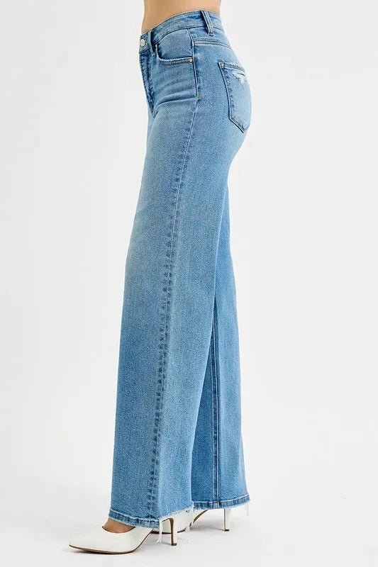 RISEN Full Size Distressed Wide Leg Jeans Plus Size - Trendsi