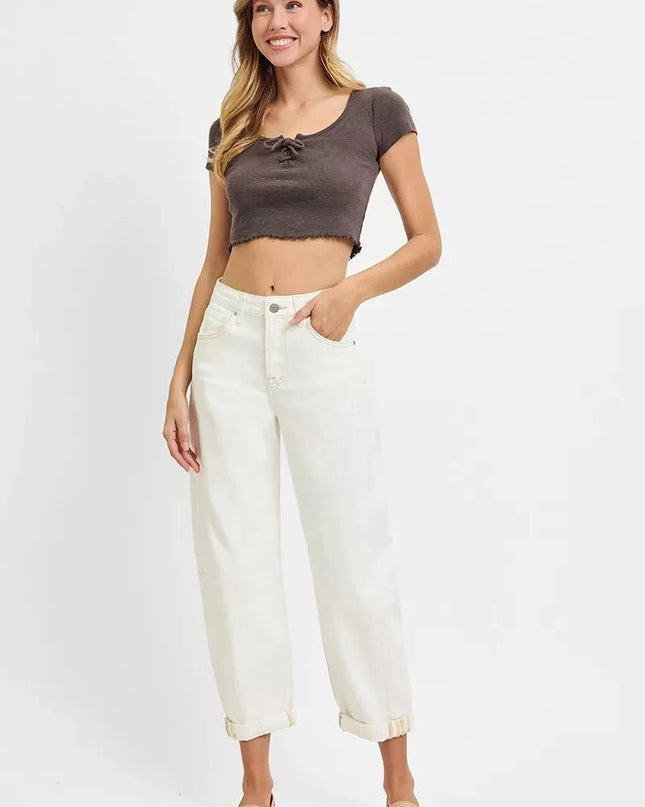 RISEN Full Size High Rise Barrel Cropped Jeans Plus Size - Trendsi