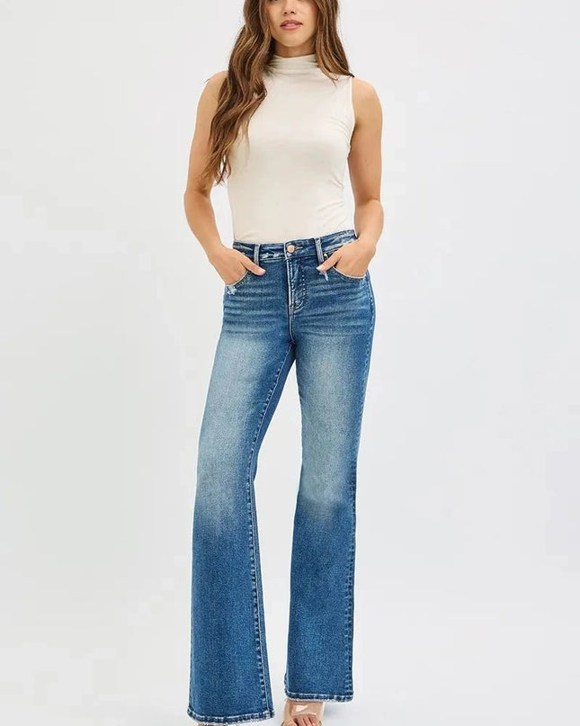 RISEN Full Size Tummy Control High Rise Flare Jeans Plus Size - Trendsi